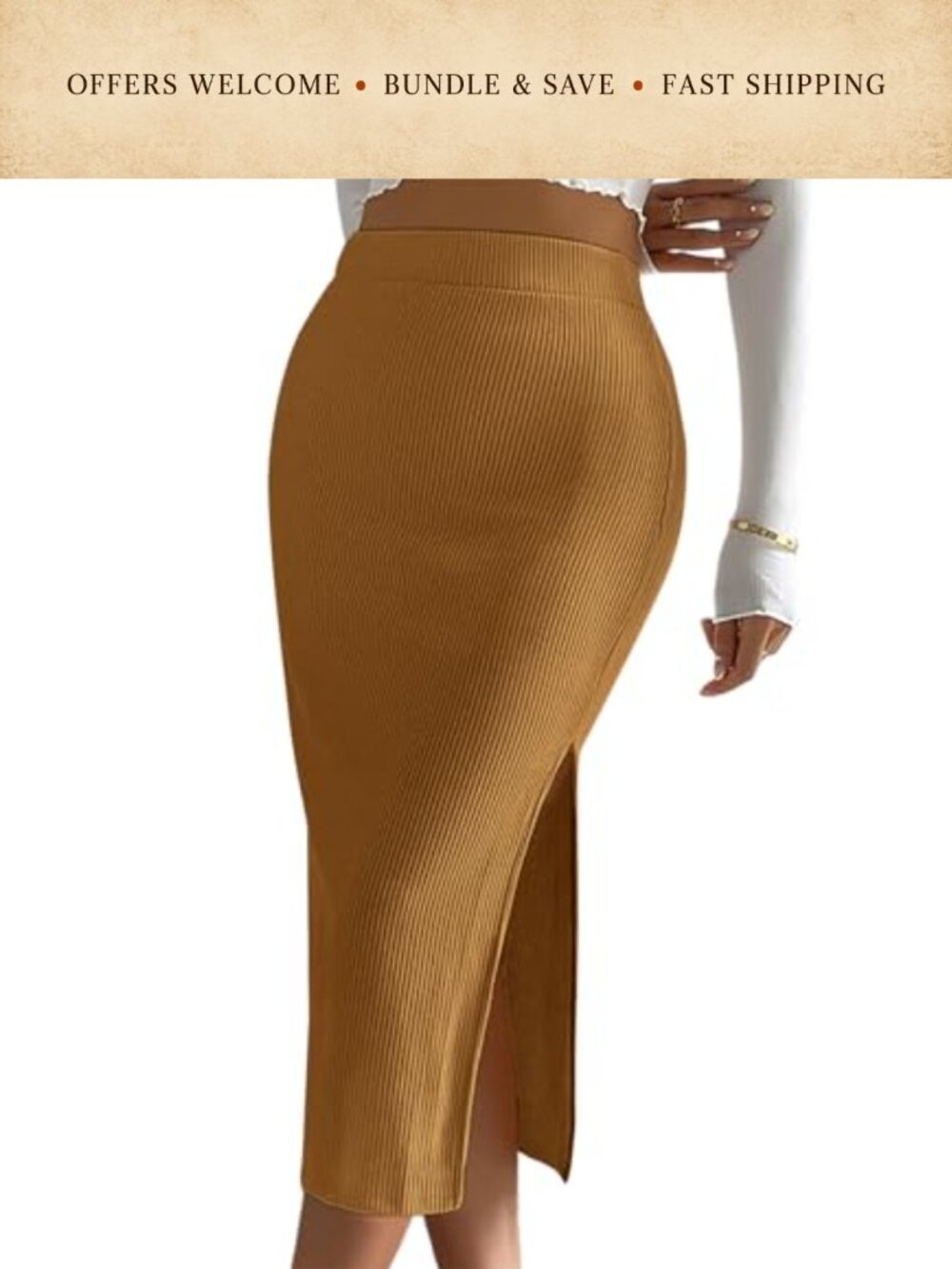 Rib Knit High Waisted Bodycon Midi Pencil Skirt with Side Split